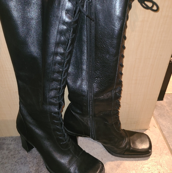 Nine West Shoes - 7.5, Nine West, Black, leather, lace up, square toed, knee high boots